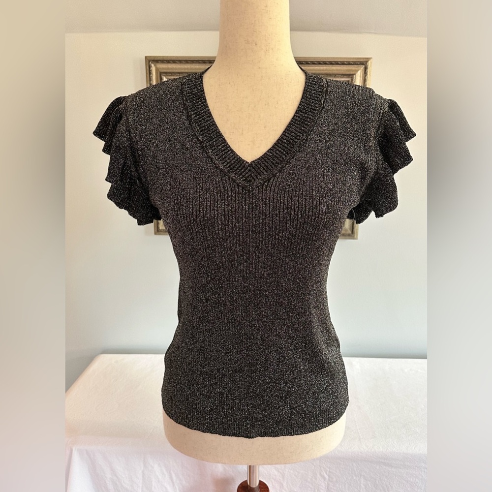 Nanette Lepore Super Sparkly V-Neck Knit Top Short Ruffle Sleeve Black Silver M